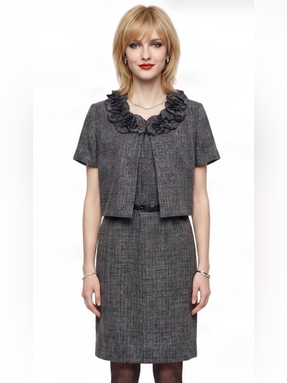 Danny & Nicole Gray Tweed Two-Piece Suit with Ruffle Trim